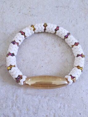 Honey Gold Pink & White - Soft Bangle Stretch Bracelet - Boho Sunny Upbeat Vibes